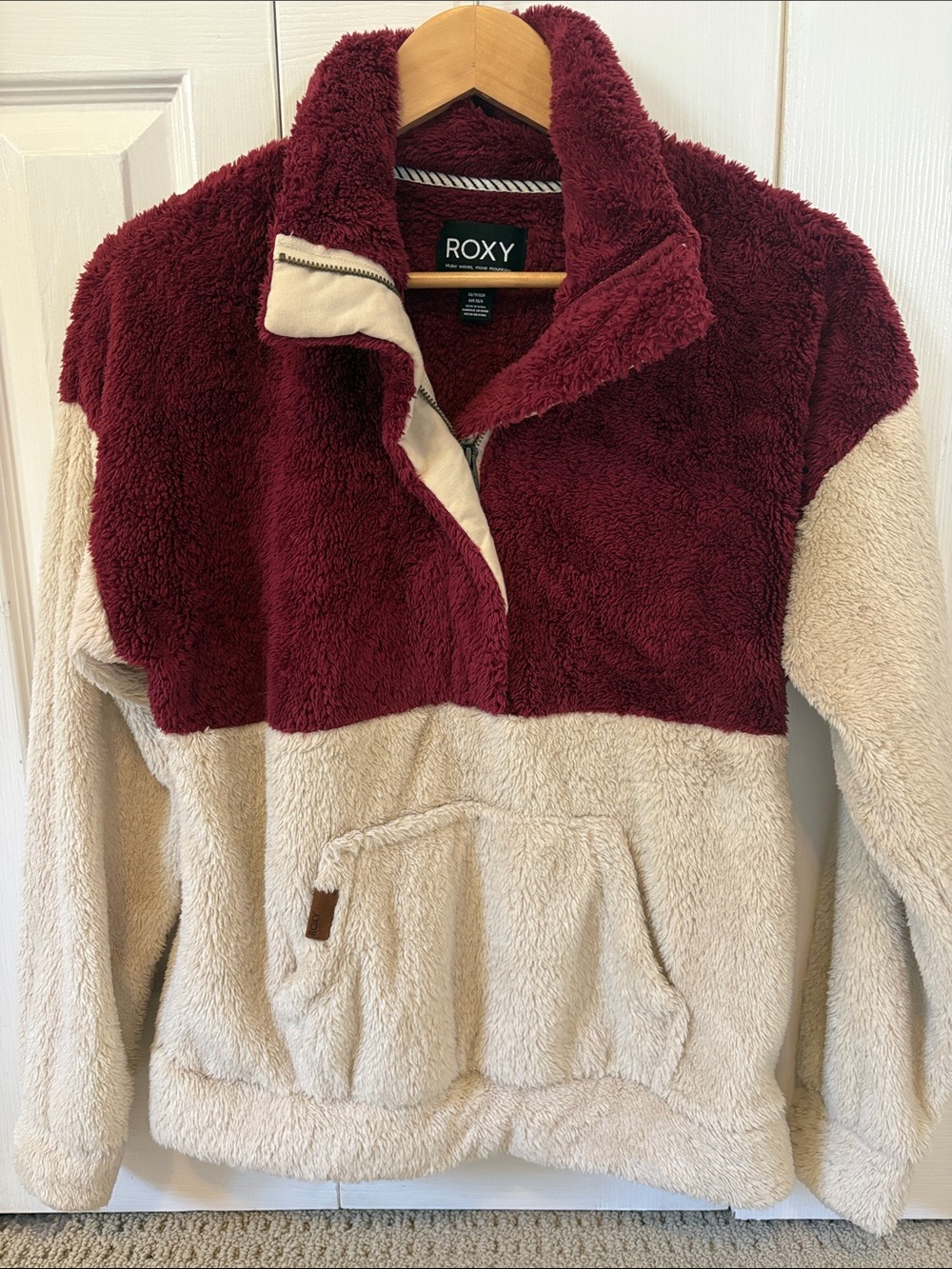 Roxy Two-Tone Sherpa Pullover - Burgundy & Cream
